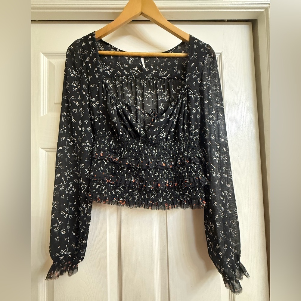 Free People Blouse Women XS Black Floral Smocked Waist Ruffle Square Neck Top